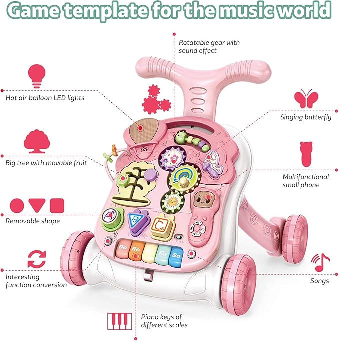Baby Sit-to-Stand Learning Walker, 2 in 1 Baby Walker for Girls Boys, Educational Baby Push Walkers with Entertainment Activity Table, Baby Music Learning Toy Gift for Infant Boys Girls (Pink)