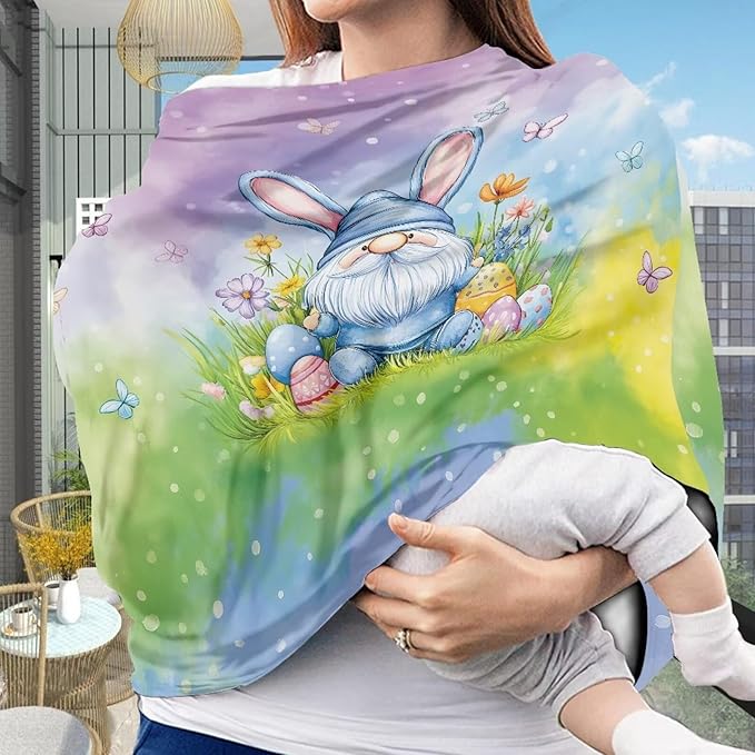 Wanyint Baby Car Seat Covers Nursing Scarf Car Seat Canopy Shopping Cart Cover and High Chair Cover Protect Babies and Breastfeeding Mothers, Gnome Easter Rabbit Ears Eggs Flower