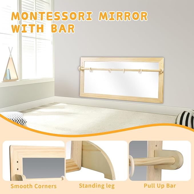Montessori Mirror with Bar, Adjustable Wood Baby Pull Up Bar, Floor & Wall Shatterproof Safety Infant Coordination Montessori Furniture, for Home, Daycare, or Preschool