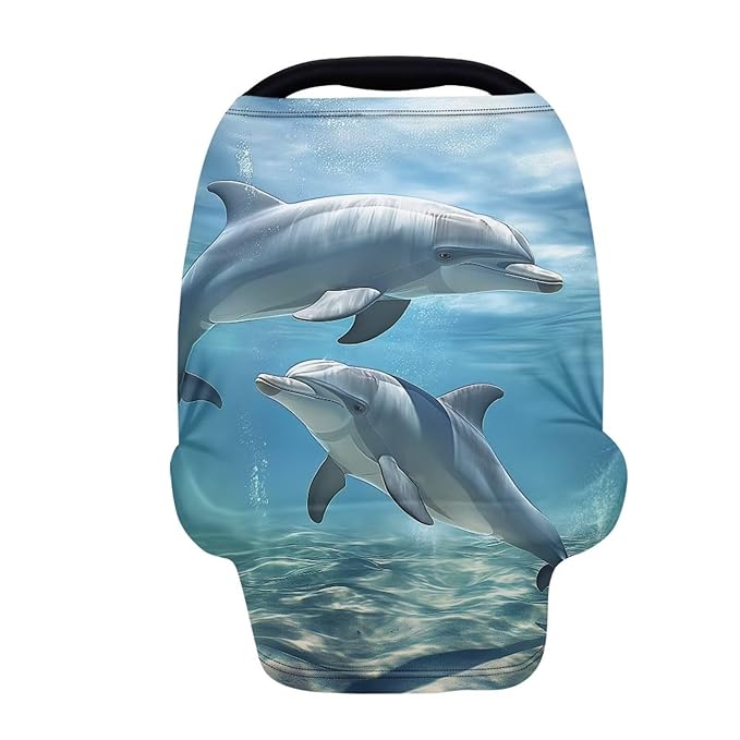 ZFRXIGN Dolphin Baby Car Seat Cover Blue Ocean Theme Nursing Cover for Girls Soft Infant Carseat Canopy,Shopping Cart/High Chair/Stroller Covers, Baby Shower Gifts