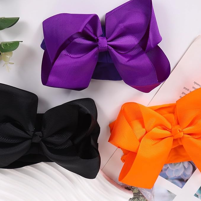 3 Pcs Baby Girls Headband Bows, Soft Nylon Hairbands Cute Big Bow Super Elastic Headband For Baby Girls Newborn Infant Toddlers (Orange Black Purple, Large)