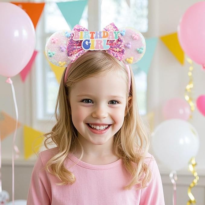 Adjustable Birthday Girl Mouse Ears Headband, Beaded Elastic Hair Bow Hairband for Girls Toddler, Kids Party Festival Supplies