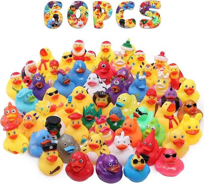 60 Pcs Rubber Ducks Assorted Plastic Christmas Rubber Duck for Cruise Ducks Ducking Bath Pool Toys Duck Party Favors Cruise Ships Hiding Christmas Stocking Stuffers for Kids Teens