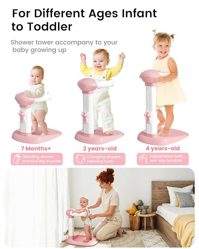 COOSEYA® Baby Shower Stand, Toddler Bath Stand Support with Thicker Colum, Anti-Pinch, Anti-Slip Base, Adjustable Shower Holder for Toddler Standing Up Themselves, Ideal Gift for Infants 8-36 Months