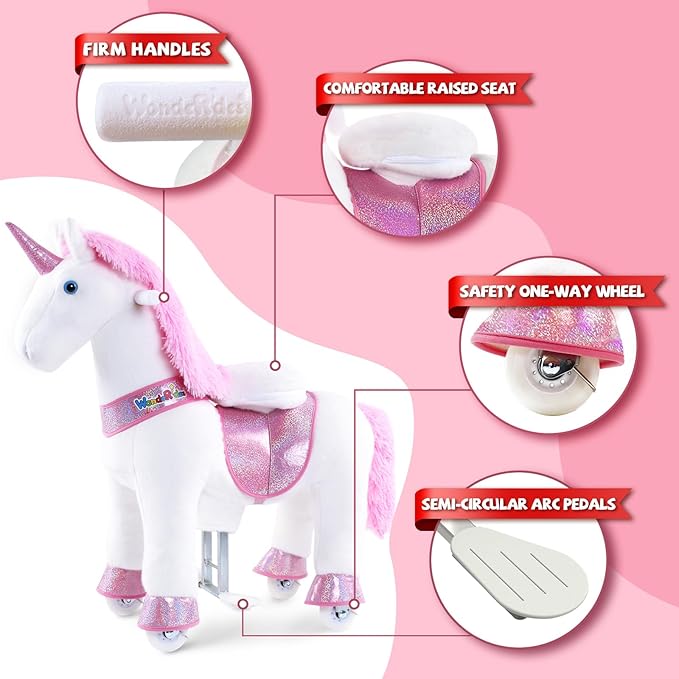 WondeRides Ride on Unicorn Pink Riding Horse Toys Size 4 for Age 4-9 Years, 36 inch Height Plush Riding Unicorn Pony Ride on Horse Toy Giddy up Rocking Mechanical Walking Animal with Wheels M431