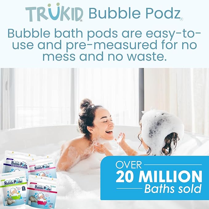 TruKid Bubble Podz Bubble Bath for Kids, Toddlers, & Babies, Tear Free Gentle & Refreshing Bath Bomb for Sensitive Skin with Natural Moisturizers, Non-Toxic, pH Balanced, Strawberry Scent (10 Podz)