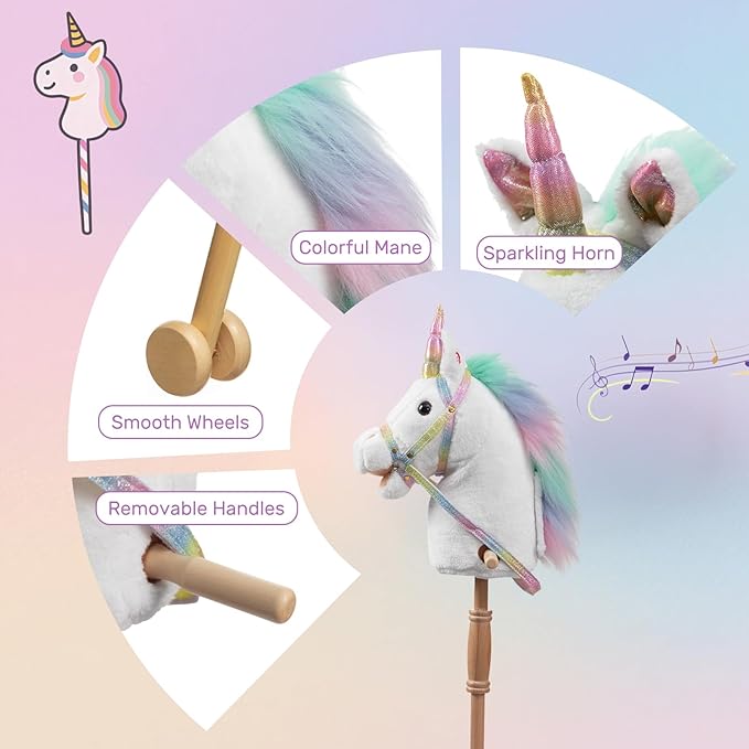 HollyHOME Unicorn Stick Horse with Wood Wheels Real Pony Neighing and Galloping Sounds Unicorn Hobby Horse with Rainbow Glitter Bridle, White 36 Inches(AA Batteries Required)