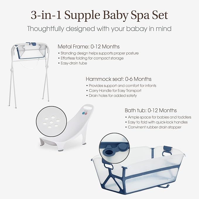 Evolur Supple Baby Spa Set with Infant Bathtub, Hammock Support Seat & Metal Frame, Newborn Tub for 0–12 Months, Complete Baby Care Essentials Gift Set for New Parents, Navy Blue