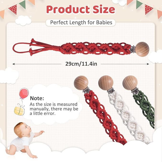 Boho Pacifier Clip for Boys Girls Pacifier Holder Leash Wooden Clips Handmade Braided Cotton Unisex Baby Shower Birthday Gift Christmas Gift