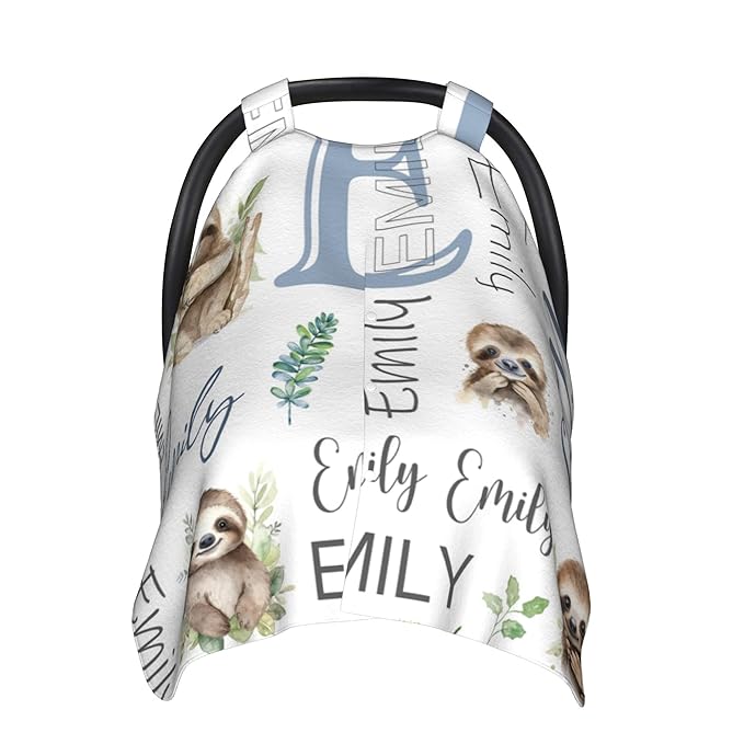 Personalized Baby Car Seat Cover Custom Name CarSeat Canopy Customized Sloth Newborn Nursing Breastfeeding Cover Minky Baby Blanket Infant Car Seat Canopies for Baby Girls Boys
