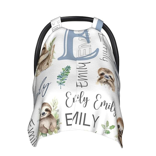 Personalized Baby Car Seat Cover Custom Name CarSeat Canopy Customized Sloth Newborn Nursing Breastfeeding Cover Minky Baby Blanket Infant Car Seat Canopies for Baby Girls Boys