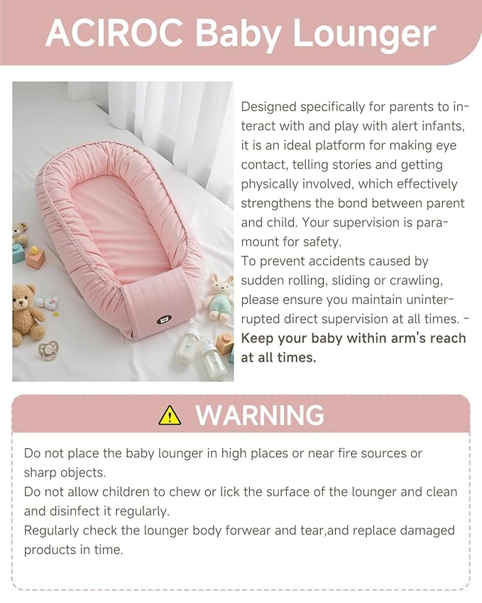 Baby Lounger, Adjustable Baby Lounger for Newborn 0-24 Months, Breathable & Soft Infant Lounger,Tummy Time Lounger for Home and Travel,Baby Girls & Boys Babies Stuff, Mother's Day Gift for Her, Pink