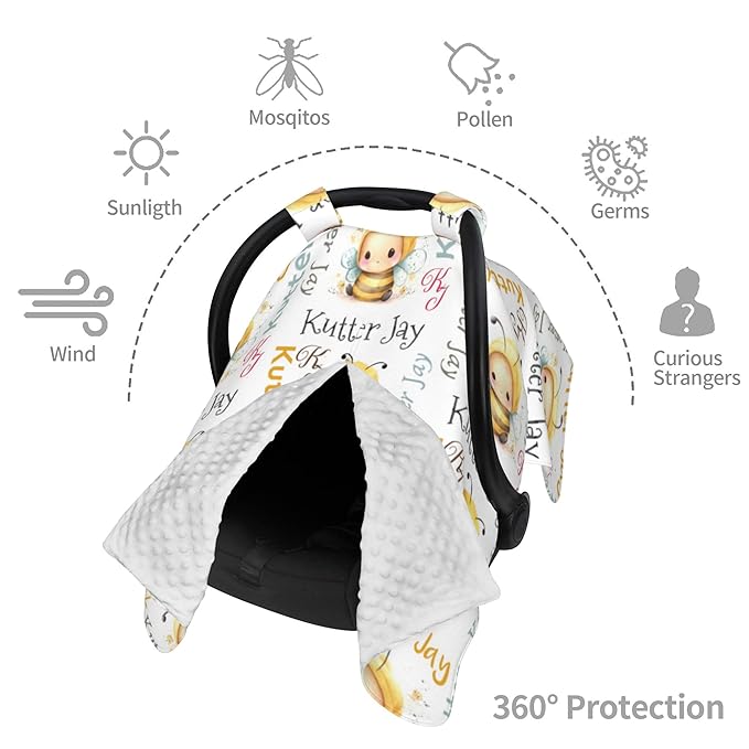 Personalized Winter Carseat Cover for Baby Custom Name Car Seat Canopy for Newborn Baby Boys Girls 2 in 1 Mom Nursing Breastfeeding Covers Bee Minky Baby Carrier Stroller Covers