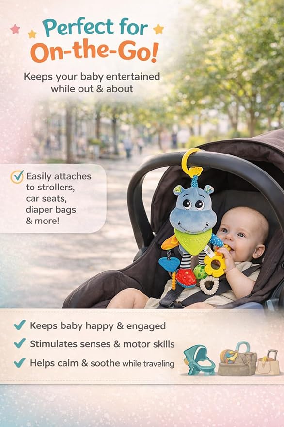 Balibazoo Hippo Hanging Baby Activity Toy – Soft Plush Sensory Toy with 4 BPA-Free Silicone Teethers, Crinkle Ears & Hidden Bell | Clip for Stroller and Car Seat | Developmental Toy 0-24M | Gift