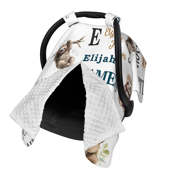Personalized Winter Baby Car Seat Cover with Name Sloth Winter Car Seat Cover for Baby Seat or Stroller Custom Infant Car Seat Covers Minky Blankets Nursing Cover Breastfeeding Scarf