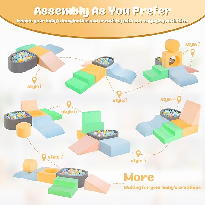 MIND&ACTION Toddler Climbing Toys Indoor, Baby Foam Climbing Blocks with Ball Pit for 1-3 Years Old, 6-Piece Soft Play Set Climbing Blocks, Climb Crawl Activity, Birthday (Balls not Included)