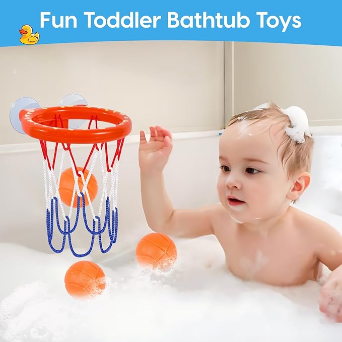 Bath Toys, Bathtub Basketball Hoop for Kids Toddlers, Bath Shower Toys for Kids, Strong Suction Cup Basketball Hoop & 3 Soft No-Hole Balls Set for Toddlers, Boys and Girls