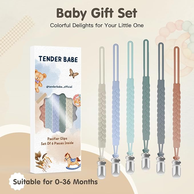TenderBabe Silicone Pacifier Clip for Baby Boys and Girls, Pack of 6 Soft Flexible Paci Binky Clips with One-Piece Braided-Style Design,BPA-Free Newborn Essentials