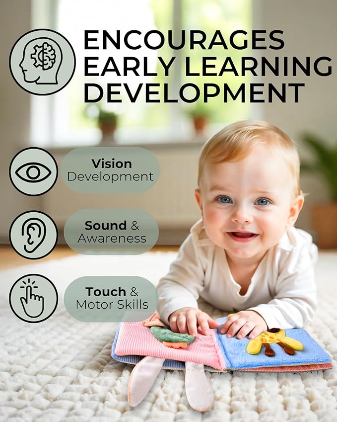Cute Soft Baby Book with Mirror, Activities, Touch and Feel & Crinkle Pages - Interactive Sensory Cloth Toy for Babies 0-6, 6-12 & 12-18 Months - Adorable Animal Themes for Early Development
