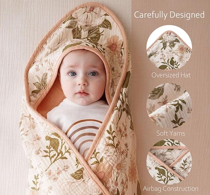 Little Jump Muslin Hooded Baby Bath Towels - 2 Pack 100% Cotton Towel for Babies, Infants, Toddlers - 32x32Inch - Highly Absorbent and Newborn Essential (Vintage Blossom)