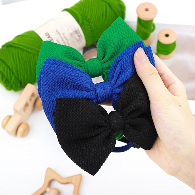 3PCS 4.5’’ Hair Bows for Baby Girls Newborn Infant Toddler Headbands Blue & Green & Black Bow of Hair Accessories Soft Girl Head Wraps