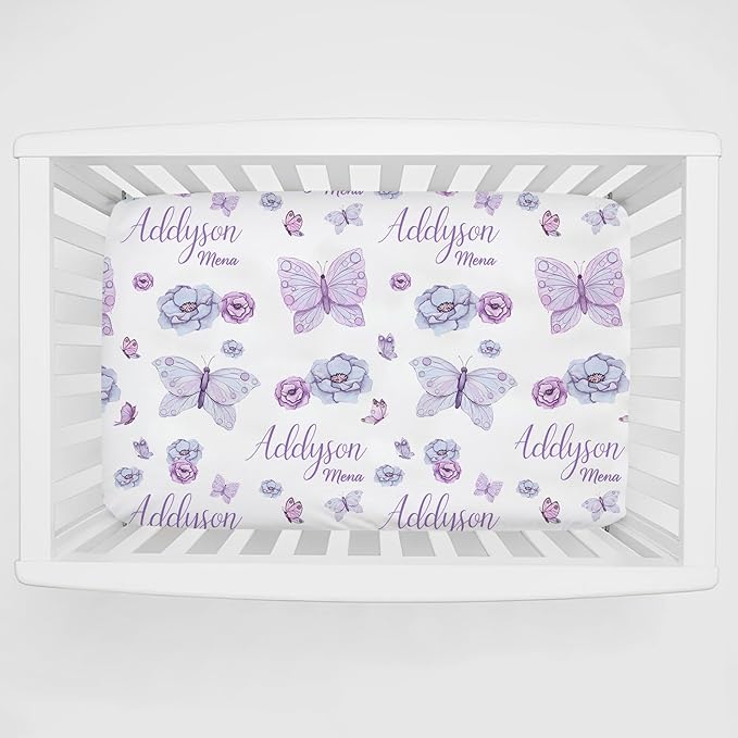 Personalized Pack 'n Play Sheets - Custom Butterfly Baby Mini Crib Sheets for Girls, Fitted Sheet with Name, Soft and Breathable Material