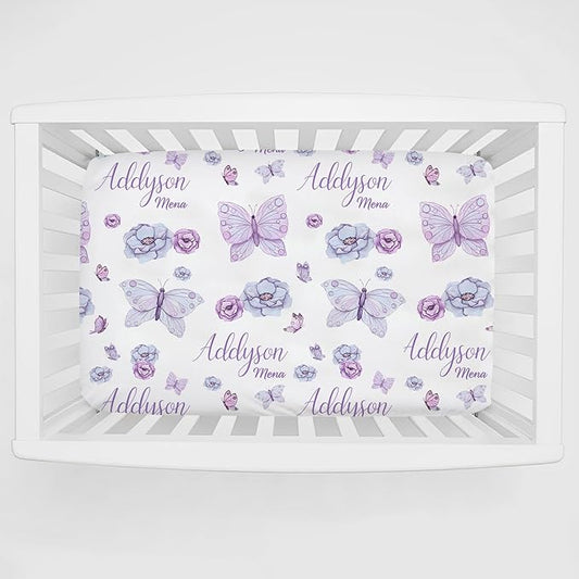 Personalized Pack 'n Play Sheets - Custom Butterfly Baby Mini Crib Sheets for Girls, Fitted Sheet with Name, Soft and Breathable Material