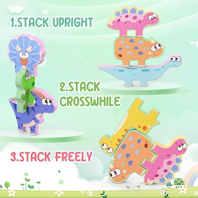 Zeoddler Montessori Toys for Toddlers, 10 Pack Wooden Dinosaur Stacking Blocks, Sorting & Stacking Preschool Learning Activities, Gift for Boys, Girls