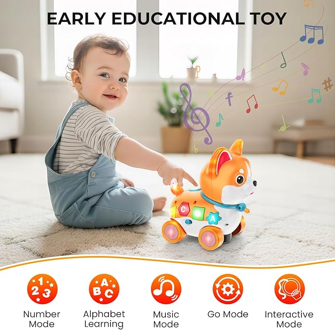 Musical Toys for 6 Month - 3 Year Old Boy Girl, Baby Toys Bilingual Educational with Music Light, Crawling & Walking Puppy for Birthday (Orange)