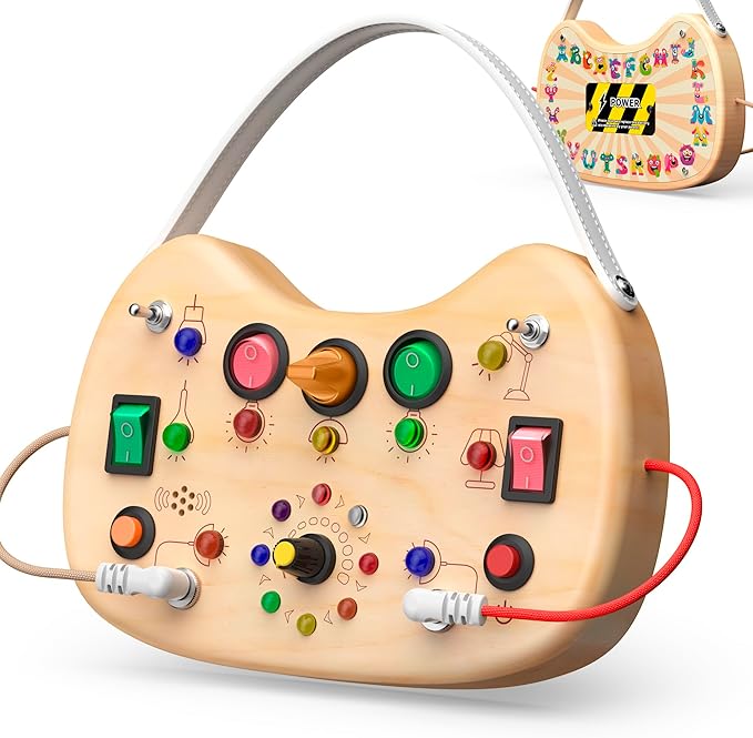UdoUto Montessori Wooden Busy Board for Toddlers with LED Light Lights & Switches,Portable Activity Board for Car & Airplane Travel Toys, Christmas & Birthday Gift for 1-3 Year Old Boys & Girls