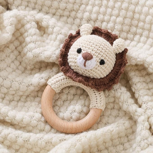 Wooden Baby Rattle, Crochet Lion Rattle, Newborn Wooden Animal Rattle Toy, Infant Rattle Toys