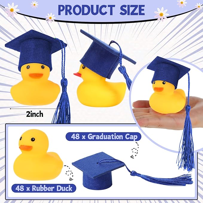 Jerify 48 Pcs Graduation Rubber Ducks with Grad Cap 2026 Diploma Grad Rubber Duck Graduation Party Bath Pool with Storage Bag for Student Gifts Party Favor(Blue)