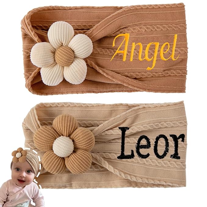 Ulico Custom Baby Girls Headband,Personalized Girls Headband with Name,Girls Embroidered Headbands,Newborn Headbands with Flower（2 Pack）
