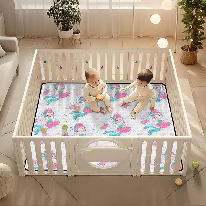 Baby Play Mat Beautiful Mermaid and Turtle 50 x 50 Playpen Mat Baby Play Mats for Floor Play Gym Crawling Mat Non-Slip Cushioned Baby Playmat for Infants, Babies, Toddlers
