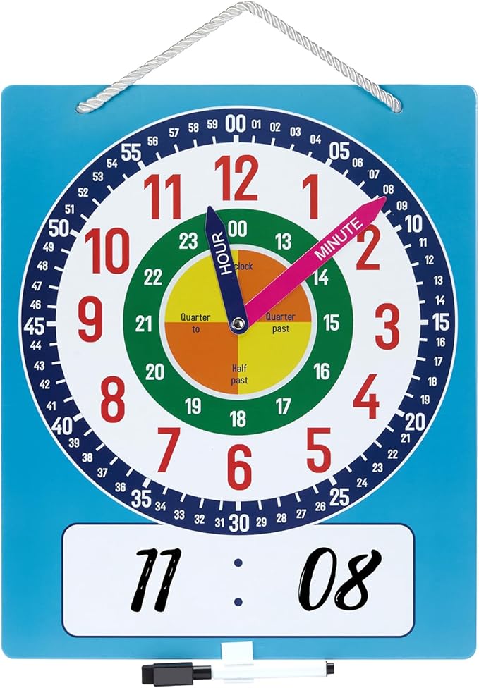 Magnetic Writable Dry Erase Learning Clock for Kids, 13.7'' x 11.2" Teaching Demonstration Clock for Kid to Tell Time, Perfect for Home School Classroom Supplies, Pen Included