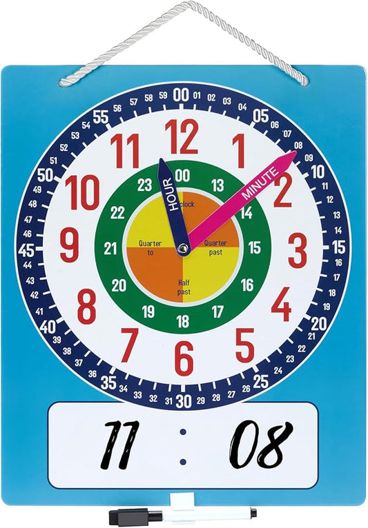Magnetic Writable Dry Erase Learning Clock for Kids, 13.7'' x 11.2" Teaching Demonstration Clock for Kid to Tell Time, Perfect for Home School Classroom Supplies, Pen Included