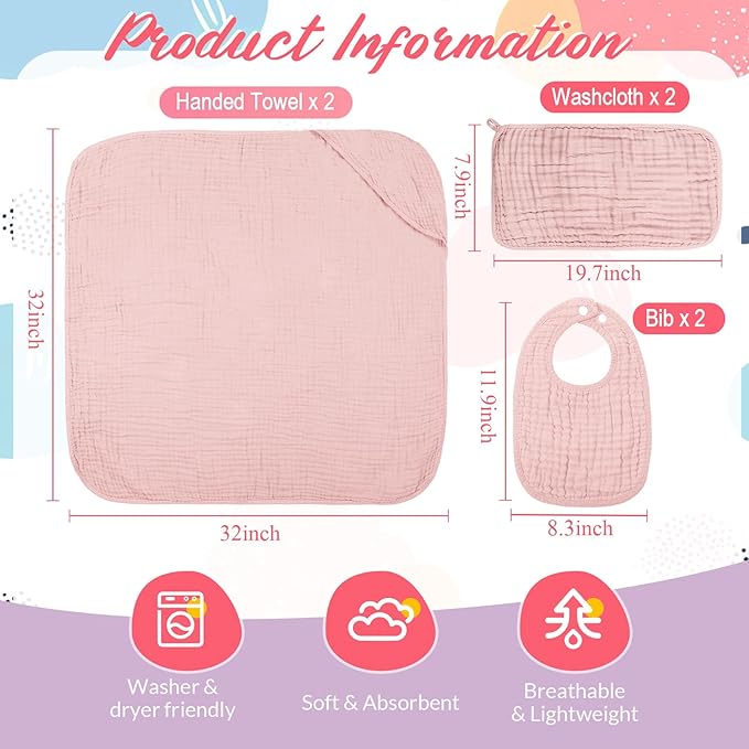 Hahafelt 6 Pcs Muslin Hooded Bath Towels Washcloths and Bibs Set, Muslin Cotton Baby Towels Absorbent Hooded Blanket Towel Infant Bibs for Boys Girls Newborn Infant Essential(Pink, Purple)