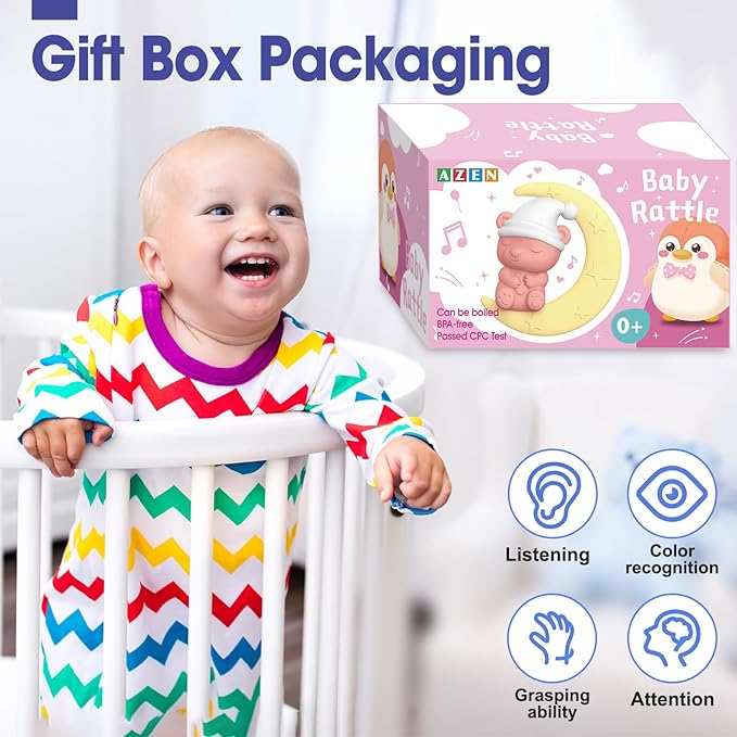 AZEN 16 Pack Baby Rattles Teething Toys 3-6 Months, Baby Toys 0-6 Months, Newborn Infant Toys 6-12 Months, Essentials Must Haves Wrist Socks Toddler Stocking Stuffers Christmas Gifts (Pink)