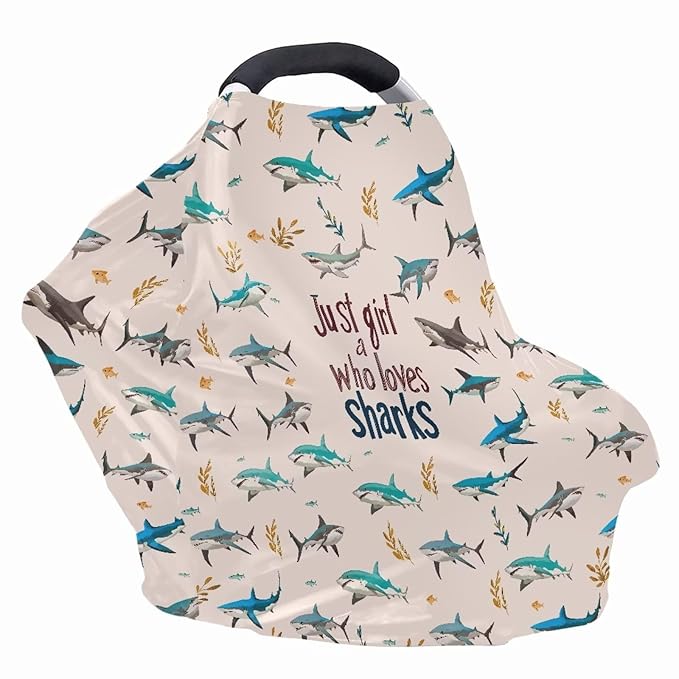AFPANQZ Shark Print Baby Car Seat Covers Winter Cozy for Girls Boys Multifunctional Infant Car Seat Canopy Nursing Cover High Chair Cover Full Coverage Breathable Stretchy