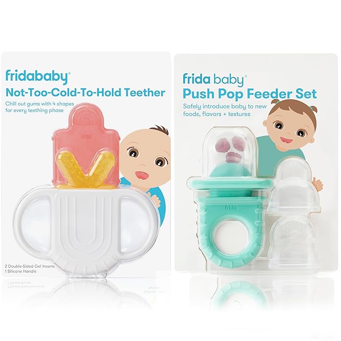 Frida Baby Push Pop Feeder, Baby Fruit Feeder + 4-in-1 Teether Teething Toy 100% Food-Grade Silicone Food Pacifier and Teether Toy for Baby 0-6, 12, 18 Months Infant
