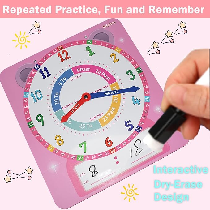 Teaching Clocks for Kids, Large Magnetic Writable Dry Erase Learning Clock with Pen,12" Teaching Demonstration Clock Learning Time to Tell Time for Kids Home School Classroom Supplies-Pink