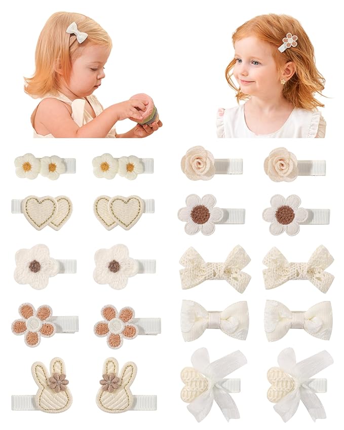 Jollybows 20Pcs Baby Bow Clips Toddler Hair Clips Baby Girl Hair Clips Fully Covered Barrettes Bows, Hearts, Flowers, Bunnies Clips for Hair Accessories for Babies and Kids