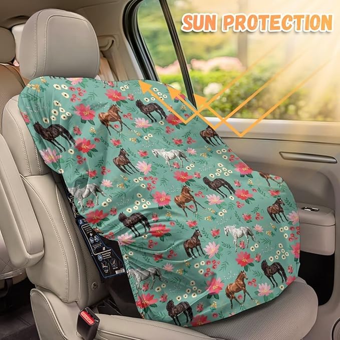 Baby Car Seat Cover for Baby Carseat, Insulated Car Seat Sun Shade Cover Toddler Car Seat Accessories Infant Car Seats Heat Protector, Vintage Horse Flower