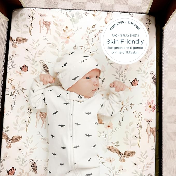 Stretchy Ultra Soft Jersey Knit Fitted Pack n Play Sheets 3 Pack, Portable/Mini Crib Sheets for Girls, Universal Fit for Pack N Plays Safe and Snug, Beautiful Blush Pink Floral and Cute Animals Print