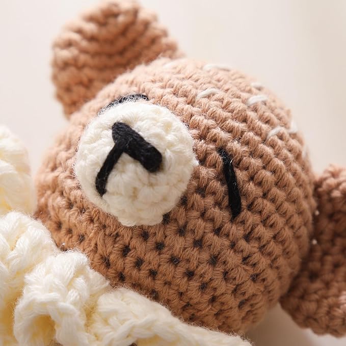 Wooden Baby Rattle，Crochet Bear Rattle with Wood Ring, Newborn Wooden Animal Rattle Toy，Infant Bear Wood Rattle Toys