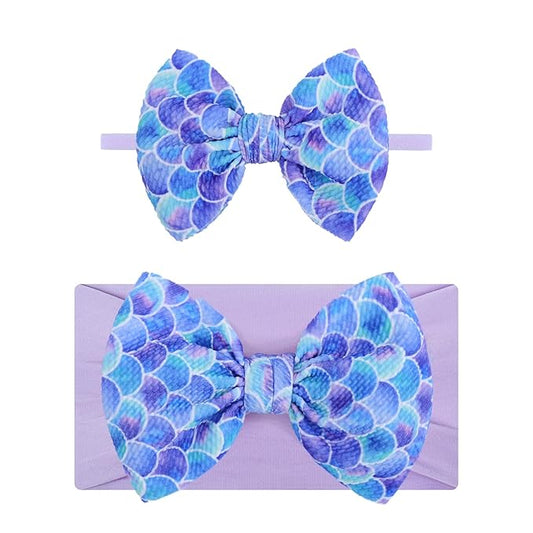 4.5'' Baby Bows Handmade Headbands 6'' Printed Tied Bow Elastic Nylon Hair Accessories for Baby Girls Newborn Infant 2 Pcs mermaid