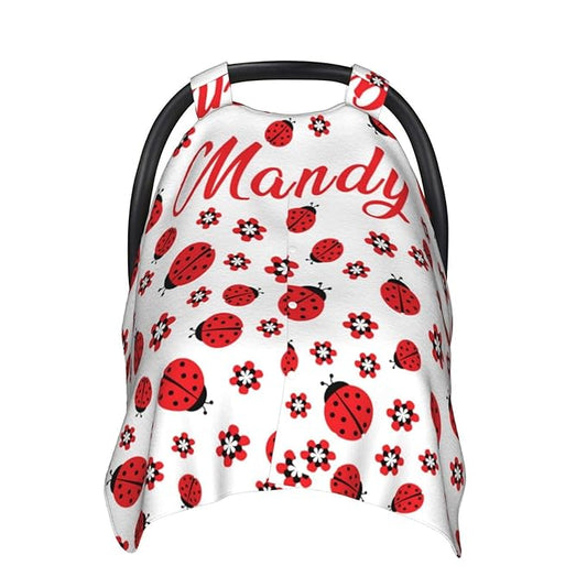 Custom Name Ladybug Baby Car Seat Canopy – Soft Minky Opening Nursing Cover, Personalized Infant Carseat & Stroller Cover for Newborn Boys Girls
