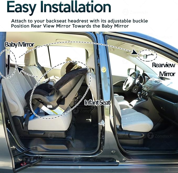 Car Baby Rear View Auto Dimming Mirror by Zone Tech - Premium Quality Large Adjustable Infant Child Mirror for Safety and Security