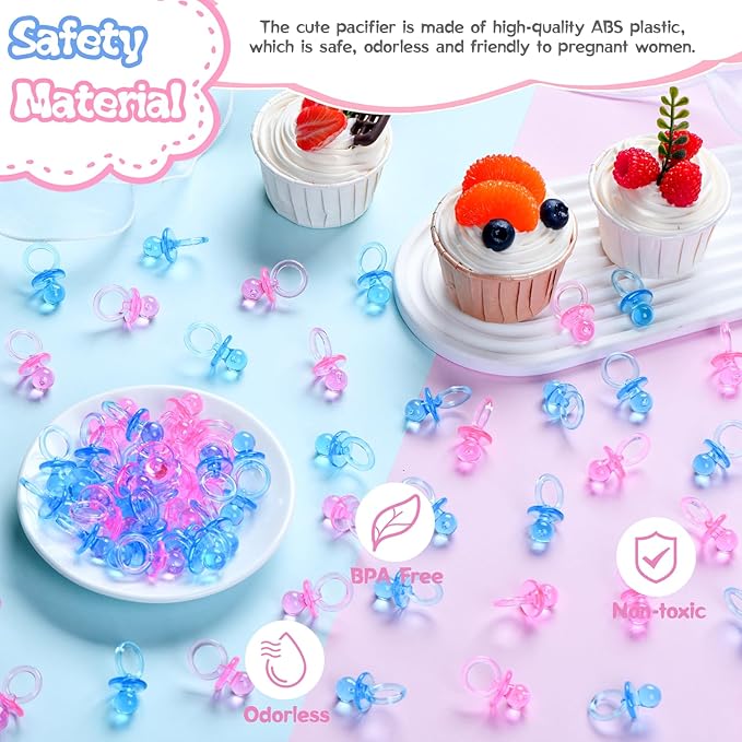 50 Pcs Mini Pacifiers Baby Shower Games Girl Boy, 1.25 Inch Cute Baby Shower Pacifiers, Bulk Acrylic Pacifier for Gender Reveal Table Scatter, Pacifier Hunt Game, Party Decoration Favors(Pink&Blue)