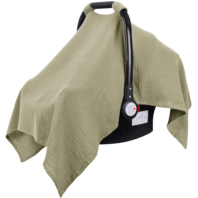 Metplus Muslin Car Seat Cover for Babies, 100% Cotton Breathable Infant Carseat Canopy for Summer, Lightweight Stroller Sunshade Covers for Newborns(Khaki)